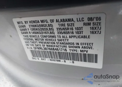 2006 Honda Odyssey Ex-L z USA, uszkodzony, nr VIN 5FNRL38766B461716